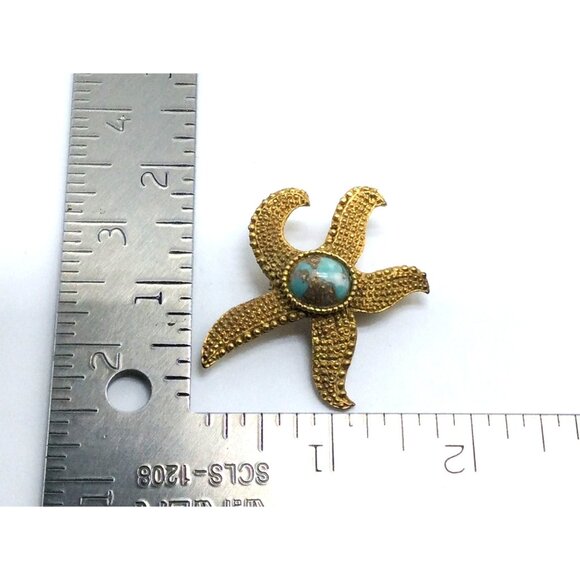 Vintage Gold-Toned Starfish Brooch With Turquoise Stone Center Vintage Design - Picture 3 of 4